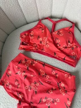 Floral Coral Sports Bra & High-Waist Brief Set